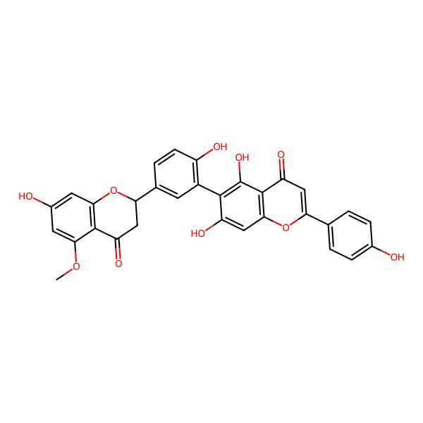 2D Structure of 5,7-Dihydroxy-6-[2-hydroxy-5-(7-hydroxy-5-methoxy-4-oxo-2,3-dihydrochromen-2-yl)phenyl]-2-(4-hydroxyphenyl)chromen-4-one
