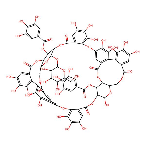 2D Structure of [4,5,6,20,21,22,25,26,30,31,32,38,46,47,48,51,52-Heptadecahydroxy-9,17,35,43,55,61-hexaoxo-64-(3,4,5-trihydroxybenzoyl)oxy-12-[3,4,5-trihydroxy-6-(hydroxymethyl)oxan-2-yl]oxy-2,10,13,16,28,36,39,42,56,62-decaoxaundecacyclo[35.15.6.514,27.111,15.03,8.018,23.029,34.040,57.044,49.050,54.024,60]tetrahexaconta-1(52),3,5,7,18,20,22,24,26,29,31,33,44,46,48,50,53,59-octadecaen-58-yl] 3,4,5-trihydroxybenzoate