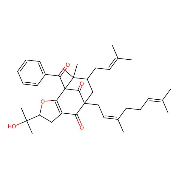 2D Structure of 1-Benzoyl-8-(3,7-dimethylocta-2,6-dienyl)-4-(2-hydroxypropan-2-yl)-11,11-dimethyl-10-(3-methylbut-2-enyl)-3-oxatricyclo[6.3.1.02,6]dodec-2(6)-ene-7,12-dione