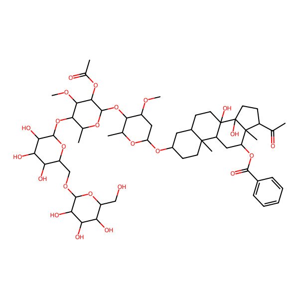 2D Structure of [(3S,5S,8S,9R,10S,12R,13S,14R,17S)-17-acetyl-3-[(2R,4S,5R,6R)-5-[(2S,3R,4S,5R,6R)-3-acetyloxy-4-methoxy-6-methyl-5-[(2S,3R,4S,5S,6R)-3,4,5-trihydroxy-6-[[(2R,3R,4S,5S,6R)-3,4,5-trihydroxy-6-(hydroxymethyl)oxan-2-yl]oxymethyl]oxan-2-yl]oxyoxan-2-yl]oxy-4-methoxy-6-methyloxan-2-yl]oxy-8,14-dihydroxy-10,13-dimethyl-2,3,4,5,6,7,9,11,12,15,16,17-dodecahydro-1H-cyclopenta[a]phenanthren-12-yl] benzoate