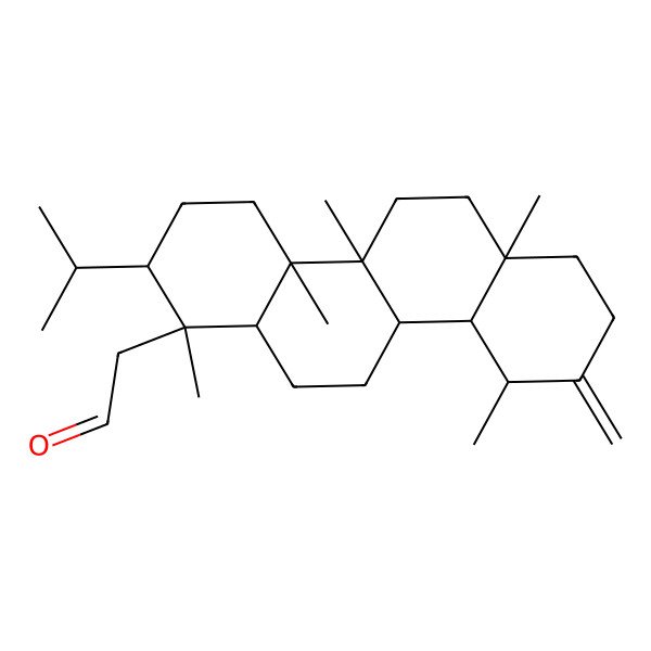 2D Structure of 2-[(1S,2S,4aR,4bR,6aR,10S,10aR,10bR,12aR)-1,4a,4b,6a,10-pentamethyl-9-methylidene-2-propan-2-yl-3,4,5,6,7,8,10,10a,10b,11,12,12a-dodecahydro-2H-chrysen-1-yl]acetaldehyde