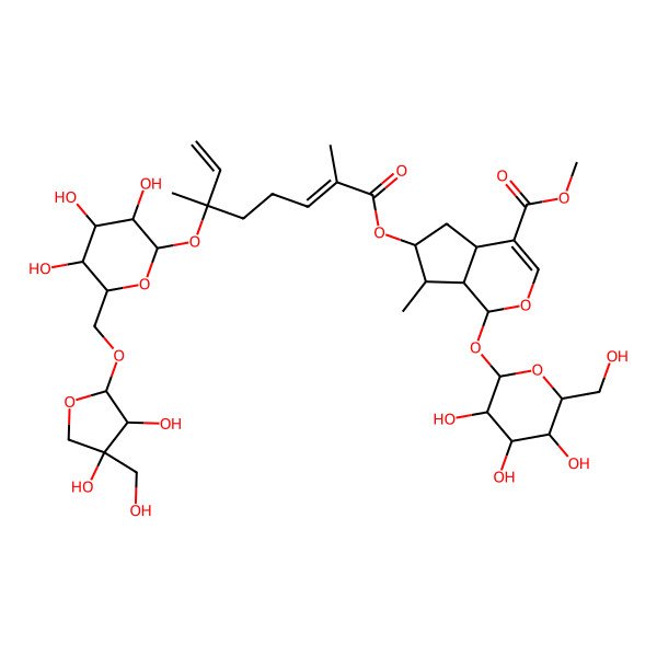 2D Structure of methyl (1S,4aS,6S,7R,7aS)-6-[(2E,6S)-6-[(2S,3R,4S,5S,6R)-6-[[(2R,3R,4R)-3,4-dihydroxy-4-(hydroxymethyl)oxolan-2-yl]oxymethyl]-3,4,5-trihydroxyoxan-2-yl]oxy-2,6-dimethylocta-2,7-dienoyl]oxy-7-methyl-1-[(2S,3R,4S,5S,6R)-3,4,5-trihydroxy-6-(hydroxymethyl)oxan-2-yl]oxy-1,4a,5,6,7,7a-hexahydrocyclopenta[c]pyran-4-carboxylate