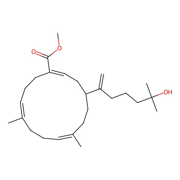 2D Structure of methyl (1Z,4R,7E,11Z)-4-(6-hydroxy-6-methylhept-1-en-2-yl)-7,11-dimethylcyclotetradeca-1,7,11-triene-1-carboxylate