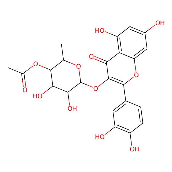 2D Structure of [(2S,3R,4S,5R,6S)-6-[2-(3,4-dihydroxyphenyl)-5,7-dihydroxy-4-oxochromen-3-yl]oxy-4,5-dihydroxy-2-methyloxan-3-yl] acetate