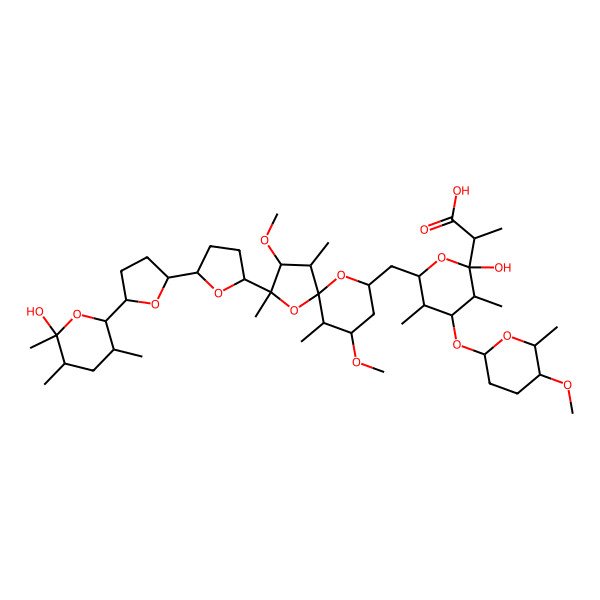 2D Structure of (2S)-2-[(2S,3R,4S,5S,6S)-2-hydroxy-6-[[(2S,3R,4R,5S,6S,7R,9S)-2-[(2R,5R)-5-[(2S,5R)-5-[(2R,3R,5S,6S)-6-hydroxy-3,5,6-trimethyloxan-2-yl]oxolan-2-yl]oxolan-2-yl]-3,7-dimethoxy-2,4,6-trimethyl-1,10-dioxaspiro[4.5]decan-9-yl]methyl]-4-[(2S,5R,6R)-5-methoxy-6-methyloxan-2-yl]oxy-3,5-dimethyloxan-2-yl]propanoic acid