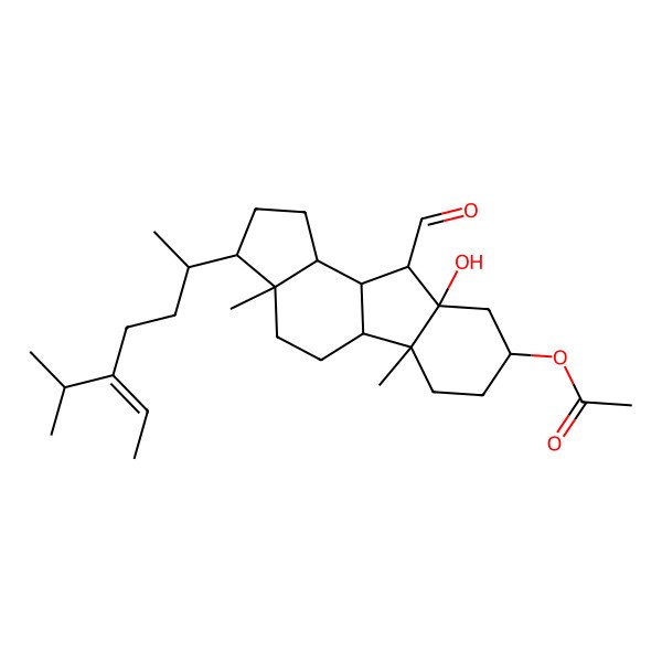 2D Structure of [10-formyl-9a-hydroxy-3a,5b-dimethyl-3-(5-propan-2-ylhept-5-en-2-yl)-2,3,4,5,5a,6,7,8,9,10,10a,10b-dodecahydro-1H-cyclopenta[a]fluoren-8-yl] acetate