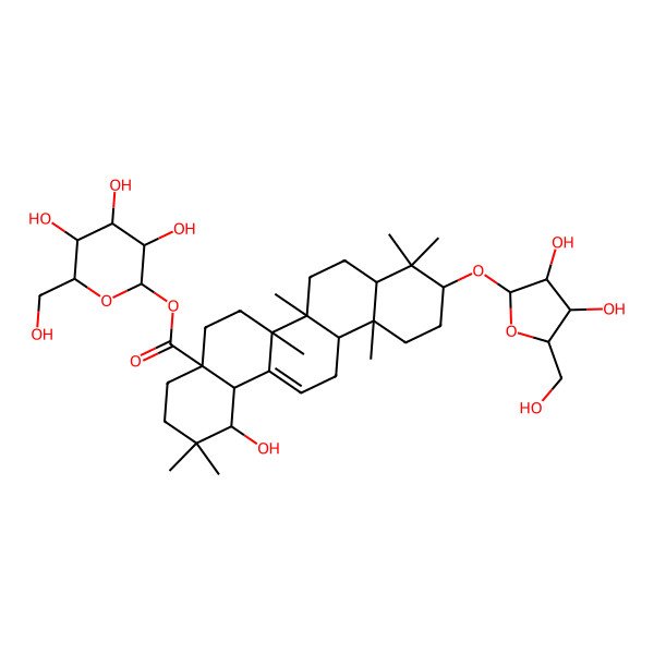 2D Structure of [(2S,3R,4S,5S,6R)-3,4,5-trihydroxy-6-(hydroxymethyl)oxan-2-yl] (1S,4aR,6aR,6aS,6bR,8aR,10S,12aR,14bS)-10-[(2S,3S,4S,5R)-3,4-dihydroxy-5-(hydroxymethyl)oxolan-2-yl]oxy-1-hydroxy-2,2,6a,6b,9,9,12a-heptamethyl-1,3,4,5,6,6a,7,8,8a,10,11,12,13,14b-tetradecahydropicene-4a-carboxylate