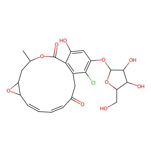 2D Structure of 16-Chloro-17-[3,4-dihydroxy-5-(hydroxymethyl)oxolan-2-yl]oxy-19-hydroxy-4-methyl-3,7-dioxatricyclo[13.4.0.06,8]nonadeca-1(15),9,11,16,18-pentaene-2,13-dione