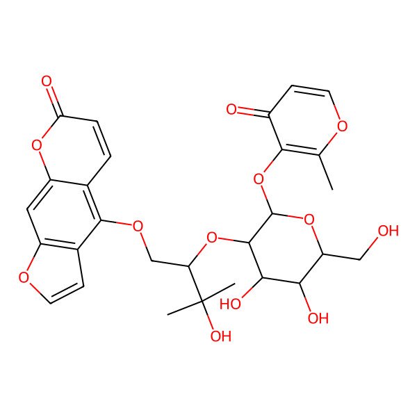 2D Structure of 4-[(2R)-2-[(2S,3R,4S,5S,6R)-4,5-dihydroxy-6-(hydroxymethyl)-2-(2-methyl-4-oxopyran-3-yl)oxyoxan-3-yl]oxy-3-hydroxy-3-methylbutoxy]furo[3,2-g]chromen-7-one