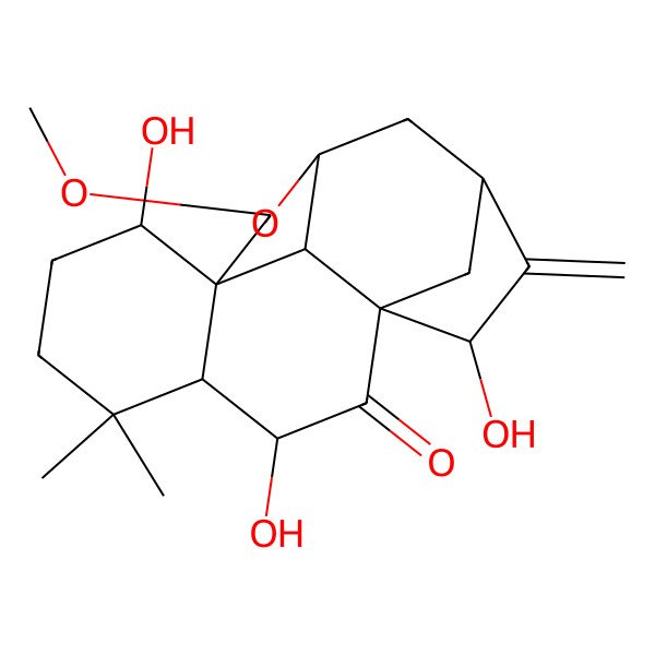 2D Structure of 8,11,16-Trihydroxy-2-methoxy-13,13-dimethyl-7-methylidene-3-oxapentacyclo[7.7.1.16,9.01,12.04,17]octadecan-10-one