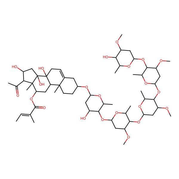 2D Structure of [17-acetyl-8,14,16-trihydroxy-3-[4-hydroxy-5-[5-[5-[5-(5-hydroxy-4-methoxy-6-methyloxan-2-yl)oxy-4-methoxy-6-methyloxan-2-yl]oxy-4-methoxy-6-methyloxan-2-yl]oxy-4-methoxy-6-methyloxan-2-yl]oxy-6-methyloxan-2-yl]oxy-10,13-dimethyl-2,3,4,7,9,11,12,15,16,17-decahydro-1H-cyclopenta[a]phenanthren-12-yl] 2-methylbut-2-enoate