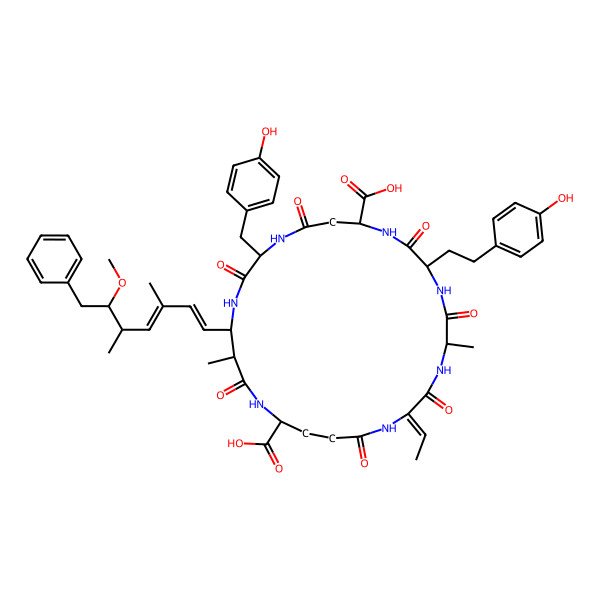 2D Structure of 2-Ethylidene-8-[2-(4-hydroxyphenyl)ethyl]-15-[(4-hydroxyphenyl)methyl]-18-(6-methoxy-3,5-dimethyl-7-phenylhepta-1,3-dienyl)-5,19-dimethyl-3,6,9,13,16,20,25-heptaoxo-1,4,7,10,14,17,21-heptazacyclopentacosane-11,22-dicarboxylic acid
