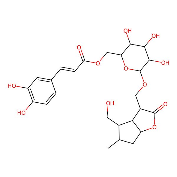 2D Structure of [(2R,3S,4S,5R,6R)-6-[[(3S,3aS,4R,5S,6aS)-4-(hydroxymethyl)-5-methyl-2-oxo-3,3a,4,5,6,6a-hexahydrocyclopenta[b]furan-3-yl]methoxy]-3,4,5-trihydroxyoxan-2-yl]methyl (E)-3-(3,4-dihydroxyphenyl)prop-2-enoate