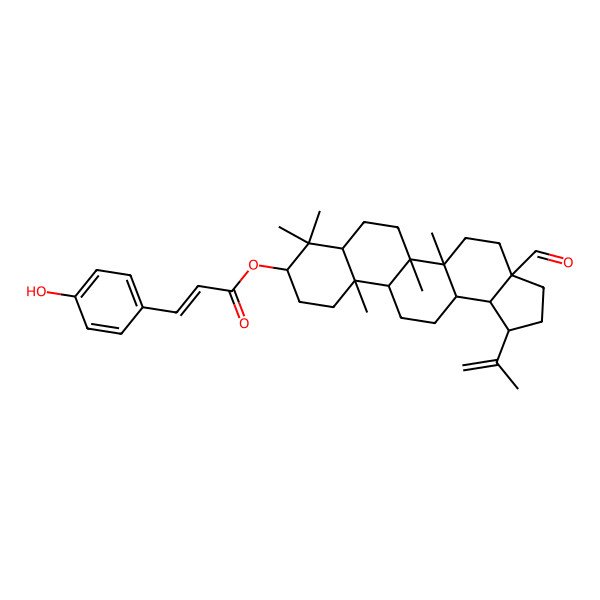2D Structure of [(1R,3aS,5aR,5bR,7aR,9S,11aS,11bR,13aR,13bS)-3a-formyl-5a,5b,8,8,11a-pentamethyl-1-prop-1-en-2-yl-1,2,3,4,5,6,7,7a,9,10,11,11b,12,13,13a,13b-hexadecahydrocyclopenta[a]chrysen-9-yl] (E)-3-(4-hydroxyphenyl)prop-2-enoate