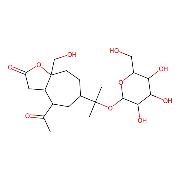2D Structure of 4-acetyl-8a-(hydroxymethyl)-6-[2-[3,4,5-trihydroxy-6-(hydroxymethyl)oxan-2-yl]oxypropan-2-yl]-3a,4,5,6,7,8-hexahydro-3H-cyclohepta[b]furan-2-one