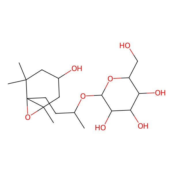 2D Structure of (2R,3S,4S,5R,6R)-2-(hydroxymethyl)-6-[(2R)-4-[(1S,4S,6R)-4-hydroxy-2,2,6-trimethyl-7-oxabicyclo[4.1.0]heptan-1-yl]butan-2-yl]oxyoxane-3,4,5-triol