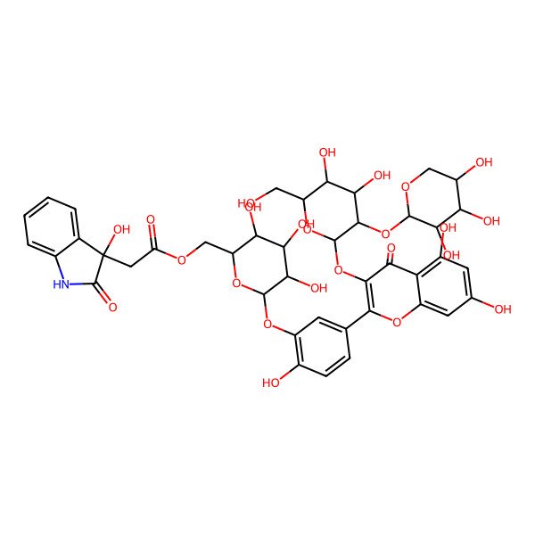 2D Structure of [6-[5-[3-[4,5-dihydroxy-6-(hydroxymethyl)-3-(3,4,5-trihydroxyoxan-2-yl)oxyoxan-2-yl]oxy-5,7-dihydroxy-4-oxochromen-2-yl]-2-hydroxyphenoxy]-3,4,5-trihydroxyoxan-2-yl]methyl 2-(3-hydroxy-2-oxo-1H-indol-3-yl)acetate
