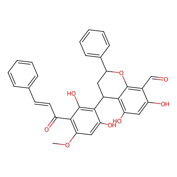 2D Structure of (2S,4S)-4-[2,6-dihydroxy-4-methoxy-3-(3-phenylprop-2-enoyl)phenyl]-5,7-dihydroxy-2-phenyl-3,4-dihydro-2H-chromene-8-carbaldehyde
