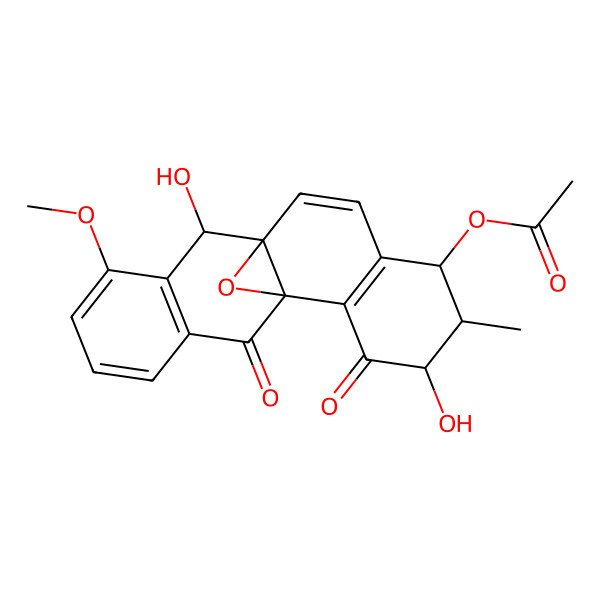 2D Structure of (4,11-Dihydroxy-13-methoxy-5-methyl-3,18-dioxo-19-oxapentacyclo[8.8.1.01,10.02,7.012,17]nonadeca-2(7),8,12(17),13,15-pentaen-6-yl) acetate