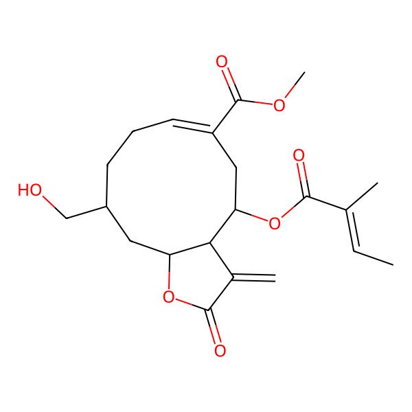 2D Structure of Methyl 10-(hydroxymethyl)-4-(2-methylbut-2-enoyloxy)-3-methylidene-2-oxo-3a,4,5,8,9,10,11,11a-octahydrocyclodeca[b]furan-6-carboxylate