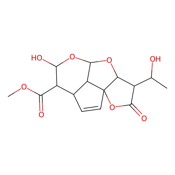 2D Structure of methyl (1R,4S,5S,6S,8R,10S,11S,14S)-6-hydroxy-11-[(1S)-1-hydroxyethyl]-12-oxo-7,9,13-trioxatetracyclo[6.5.1.01,10.04,14]tetradec-2-ene-5-carboxylate