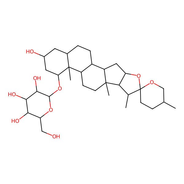 2D Structure of (2R,3S,4S,5R,6R)-2-(hydroxymethyl)-6-[(1S,2S,4S,5'R,6R,7S,8R,9S,12S,13S,14R,16R,18S)-16-hydroxy-5',7,9,13-tetramethylspiro[5-oxapentacyclo[10.8.0.02,9.04,8.013,18]icosane-6,2'-oxane]-14-yl]oxyoxane-3,4,5-triol
