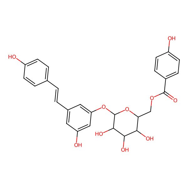 2D Structure of [(2R,3S,4S,5R,6S)-3,4,5-trihydroxy-6-[3-hydroxy-5-[(E)-2-(4-hydroxyphenyl)ethenyl]phenoxy]oxan-2-yl]methyl 4-hydroxybenzoate