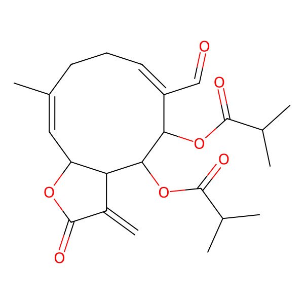 2D Structure of [6-Formyl-10-methyl-3-methylidene-5-(2-methylpropanoyloxy)-2-oxo-3a,4,5,8,9,11a-hexahydrocyclodeca[b]furan-4-yl] 2-methylpropanoate