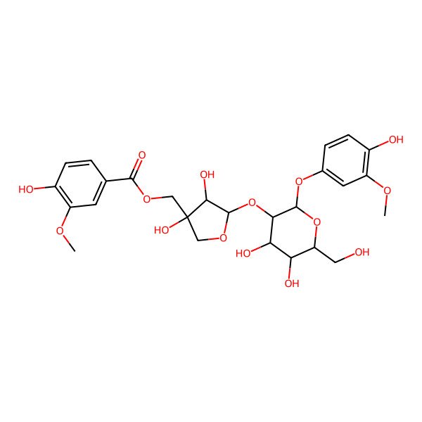 2D Structure of [(3S,4S,5S)-5-[(2S,3R,4S,5S,6R)-4,5-dihydroxy-2-(4-hydroxy-3-methoxyphenoxy)-6-(hydroxymethyl)oxan-3-yl]oxy-3,4-dihydroxyoxolan-3-yl]methyl 4-hydroxy-3-methoxybenzoate