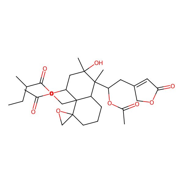 2D Structure of [(1S,3S,4S,4aR,8R,8aR)-8a-(acetyloxymethyl)-4-[(1S)-1-acetyloxy-2-(5-oxo-2H-furan-3-yl)ethyl]-3-hydroxy-3,4-dimethylspiro[1,2,4a,5,6,7-hexahydronaphthalene-8,2'-oxirane]-1-yl] 2-methylbutanoate