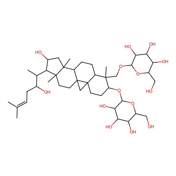 2D Structure of 2-[[14-Hydroxy-15-(3-hydroxy-6-methylhept-5-en-2-yl)-7,12,16-trimethyl-6-[3,4,5-trihydroxy-6-(hydroxymethyl)oxan-2-yl]oxy-7-pentacyclo[9.7.0.01,3.03,8.012,16]octadecanyl]methoxy]-6-(hydroxymethyl)oxane-3,4,5-triol