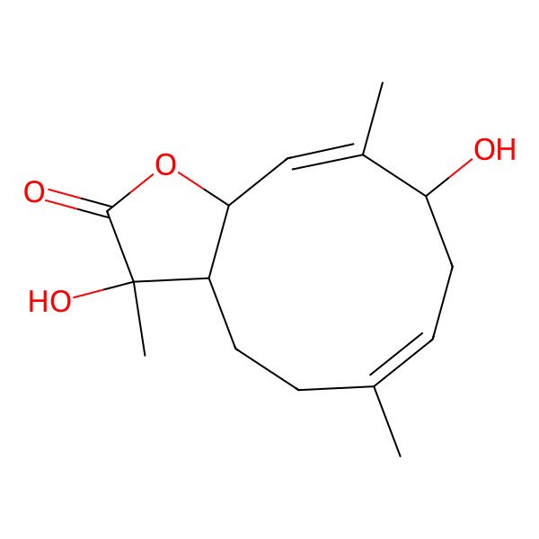 2D Structure of (3R,3aR,6E,9R,10E,11aR)-3,9-dihydroxy-3,6,10-trimethyl-3a,4,5,8,9,11a-hexahydrocyclodeca[b]furan-2-one