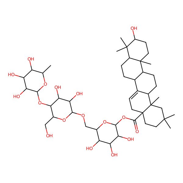 2D Structure of [(2S,3R,4S,5S,6R)-6-[[(2R,3R,4R,5S,6R)-3,4-dihydroxy-6-(hydroxymethyl)-5-[(2R,3R,4R,5R,6S)-3,4,5-trihydroxy-6-methyloxan-2-yl]oxyoxan-2-yl]oxymethyl]-3,4,5-trihydroxyoxan-2-yl] (4aS,6aS,6bR,8aR,10R,12aR,14aR,14bS)-10-hydroxy-2,2,9,9,12a,14b-hexamethyl-3,4,5,6a,6b,7,8,8a,10,11,12,13,14,14a-tetradecahydro-1H-picene-4a-carboxylate