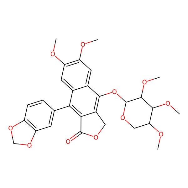 2D Structure of 9-(1,3-benzodioxol-5-yl)-6,7-dimethoxy-4-(3,4,5-trimethoxyoxan-2-yl)oxy-3H-benzo[f][2]benzofuran-1-one