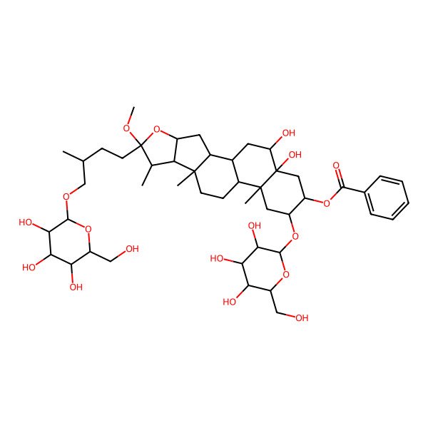 2D Structure of [(1S,2S,4S,6S,7S,8R,9S,12S,13R,15R,16R,18R,19R)-18,19-dihydroxy-6-methoxy-7,9,13-trimethyl-6-[(3R)-3-methyl-4-[(2R,3R,4S,5S,6R)-3,4,5-trihydroxy-6-(hydroxymethyl)oxan-2-yl]oxybutyl]-15-[(2R,3R,4S,5S,6R)-3,4,5-trihydroxy-6-(hydroxymethyl)oxan-2-yl]oxy-5-oxapentacyclo[10.8.0.02,9.04,8.013,18]icosan-16-yl] benzoate