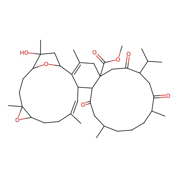 2D Structure of methyl (1S,5R,8S,11R,15S,18S,19R,20E,24S,26S,29R,30S)-30-hydroxy-3,11,15,21,26,30-hexamethyl-7,10,17-trioxo-8-propan-2-yl-25,32-dioxapentacyclo[27.2.1.02,19.05,18.024,26]dotriaconta-2,20-diene-5-carboxylate
