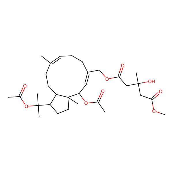 2D Structure of 1-O-[[(3aS,4S,5Z,9E,12aS)-4-acetyloxy-1-(2-acetyloxypropan-2-yl)-3a,10-dimethyl-2,3,4,7,8,11,12,12a-octahydro-1H-cyclopenta[11]annulen-6-yl]methyl] 5-O-methyl 3-hydroxy-3-methylpentanedioate