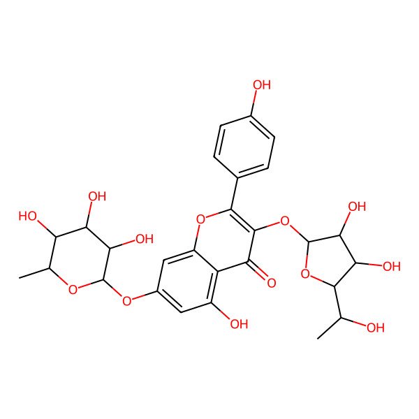 2D Structure of 3-[(2R,3S,4S,5S)-3,4-dihydroxy-5-[(1S)-1-hydroxyethyl]oxolan-2-yl]oxy-5-hydroxy-2-(4-hydroxyphenyl)-7-[(2R,3S,4S,5S,6R)-3,4,5-trihydroxy-6-methyloxan-2-yl]oxychromen-4-one
