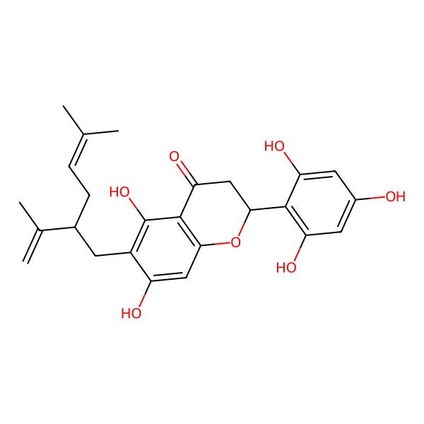 2D Structure of (2S)-5,7-dihydroxy-6-[(2S)-5-methyl-2-prop-1-en-2-ylhex-4-enyl]-2-(2,4,6-trihydroxyphenyl)-2,3-dihydrochromen-4-one
