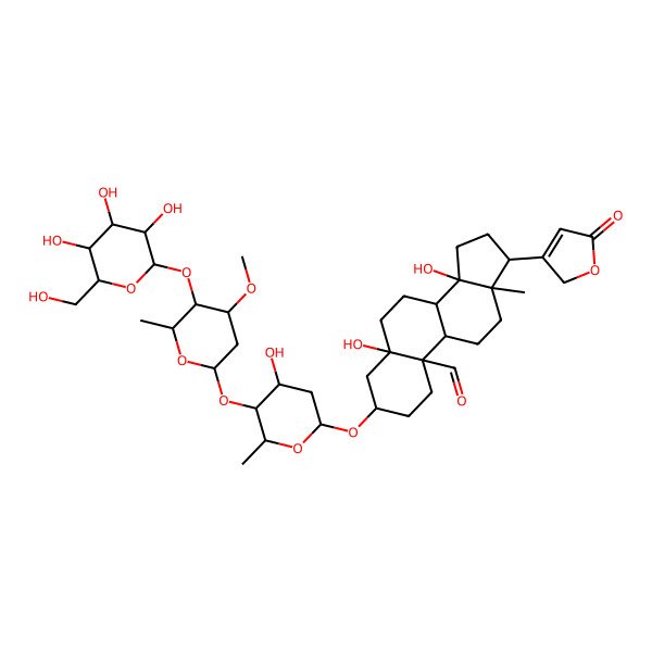 2D Structure of 5,14-dihydroxy-3-[4-hydroxy-5-[4-methoxy-6-methyl-5-[3,4,5-trihydroxy-6-(hydroxymethyl)oxan-2-yl]oxyoxan-2-yl]oxy-6-methyloxan-2-yl]oxy-13-methyl-17-(5-oxo-2H-furan-3-yl)-2,3,4,6,7,8,9,11,12,15,16,17-dodecahydro-1H-cyclopenta[a]phenanthrene-10-carbaldehyde
