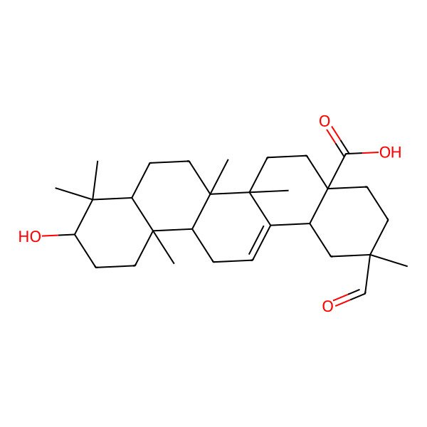 2D Structure of (2S,4aR,6aR,6aS,6bR,8aR,10S,12aR,14bS)-2-formyl-10-hydroxy-2,6a,6b,9,9,12a-hexamethyl-1,3,4,5,6,6a,7,8,8a,10,11,12,13,14b-tetradecahydropicene-4a-carboxylic acid 2D Structure of (2S,4aR,6aR,6aS,6bR,8aR,10S,12aR,14bS)-2-formyl-10-hydroxy-2,6a,6b,9,9,12a-hexamethyl-1,3,4,5,6,6a,7,8,8a,10,11,12,13,14b-tetradecahydropicene-4a-carboxylic acid