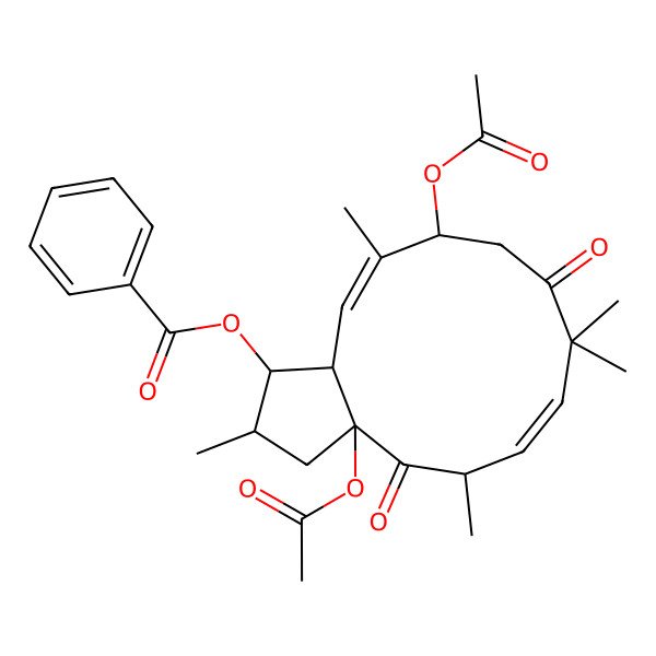 2D Structure of [(1S,2R,3aR,5R,6Z,11R,12E,13aS)-3a,11-diacetyloxy-2,5,8,8,12-pentamethyl-4,9-dioxo-2,3,5,10,11,13a-hexahydro-1H-cyclopenta[12]annulen-1-yl] benzoate