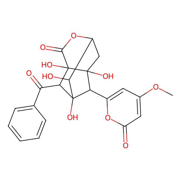 2D Structure of (1S,2S,3S,6R,8R,9S,10S)-2-benzoyl-1,3,8,10-tetrahydroxy-9-(4-methoxy-6-oxopyran-2-yl)-5-oxatricyclo[4.3.1.03,8]decan-4-one