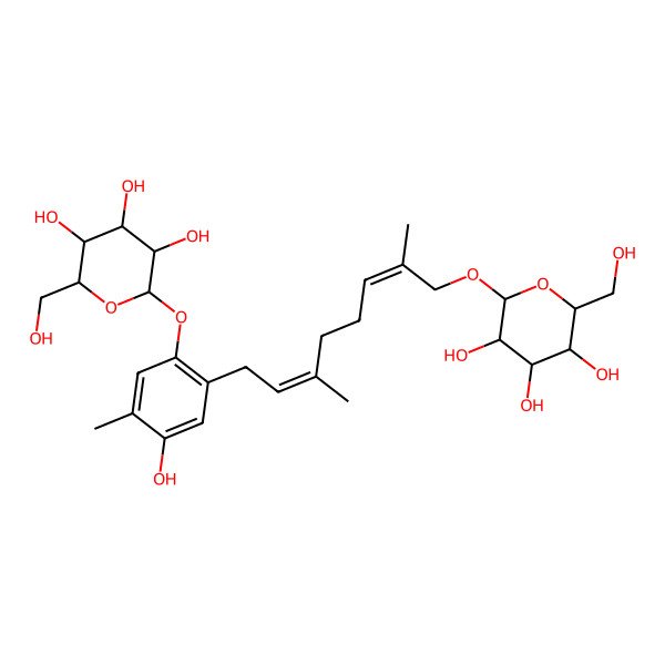 2D Structure of 2-(Hydroxymethyl)-6-[8-[5-hydroxy-4-methyl-2-[3,4,5-trihydroxy-6-(hydroxymethyl)oxan-2-yl]oxyphenyl]-2,6-dimethylocta-2,6-dienoxy]oxane-3,4,5-triol