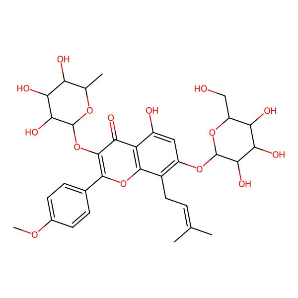 2D Structure of 5-hydroxy-2-(4-methoxyphenyl)-8-(3-methylbut-2-enyl)-7-[(2S,3R,4S,5S,6R)-3,4,5-trihydroxy-6-(hydroxymethyl)oxan-2-yl]oxy-3-[(2S,3S,4R,5R,6S)-3,4,5-trihydroxy-6-methyloxan-2-yl]oxychromen-4-one