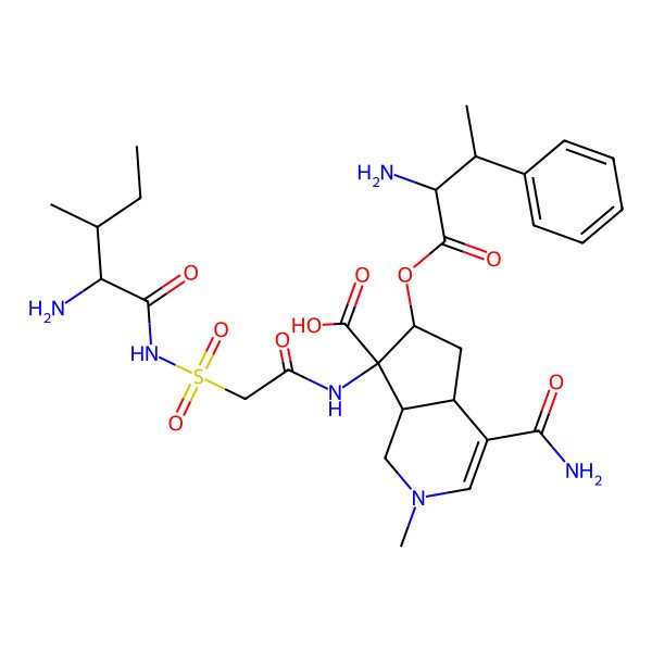 2D Structure of 7-[[2-[(2-amino-3-methylpentanoyl)sulfamoyl]acetyl]amino]-6-(2-amino-3-phenylbutanoyl)oxy-4-carbamoyl-2-methyl-4a,5,6,7a-tetrahydro-1H-cyclopenta[c]pyridine-7-carboxylic acid