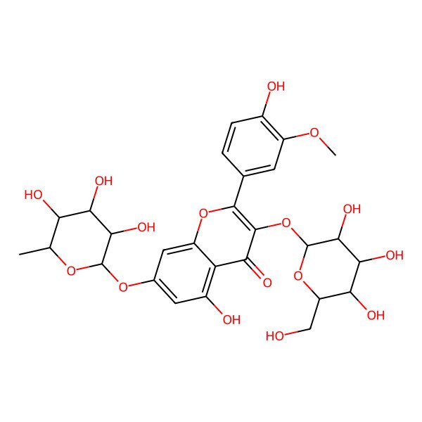 2D Structure of 5-hydroxy-2-(4-hydroxy-3-methoxyphenyl)-3-[(2S,3R,4S,5S,6R)-3,4,5-trihydroxy-6-(hydroxymethyl)oxan-2-yl]oxy-7-[(2R,3S,4S,5S,6R)-3,4,5-trihydroxy-6-methyloxan-2-yl]oxychromen-4-one