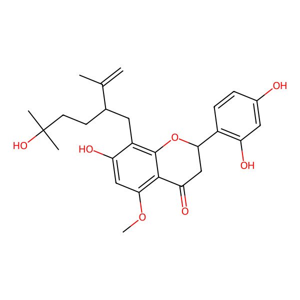 2D Structure of 2-(2,4-Dihydroxyphenyl)-7-hydroxy-8-(5-hydroxy-5-methyl-2-prop-1-en-2-ylhexyl)-5-methoxy-2,3-dihydrochromen-4-one
