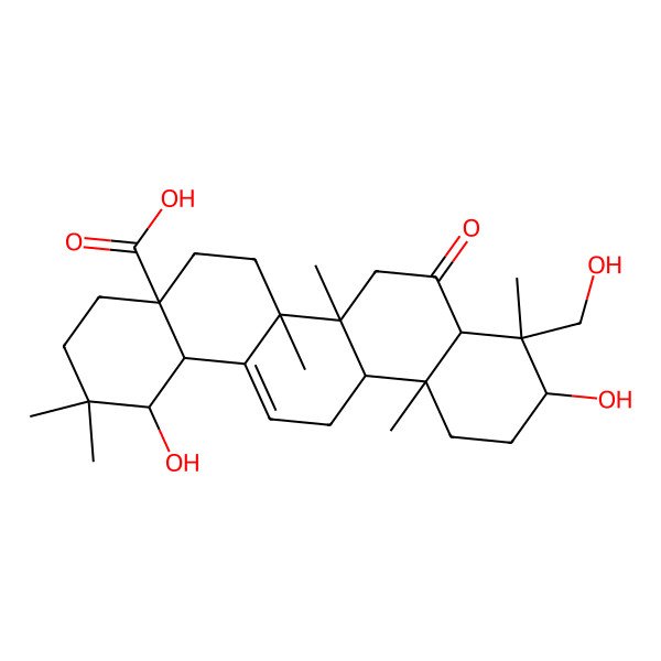 2D Structure of (1S,4aR,6aR,6aS,6bR,8aR,9R,10S,12aR,14bS)-1,10-dihydroxy-9-(hydroxymethyl)-2,2,6a,6b,9,12a-hexamethyl-8-oxo-3,4,5,6,6a,7,8a,10,11,12,13,14b-dodecahydro-1H-picene-4a-carboxylic acid