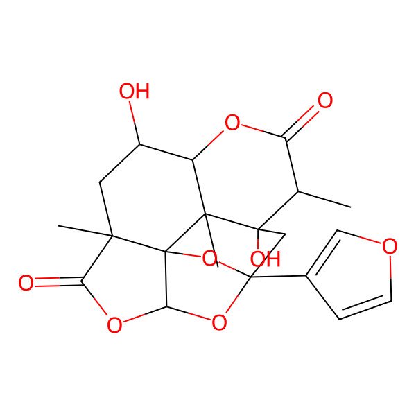 2D Structure of 1-(Furan-3-yl)-8,13-dihydroxy-6,12,14-trimethyl-2,4,10,16-tetraoxapentacyclo[11.3.1.03,15.06,15.09,14]heptadecane-5,11-dione